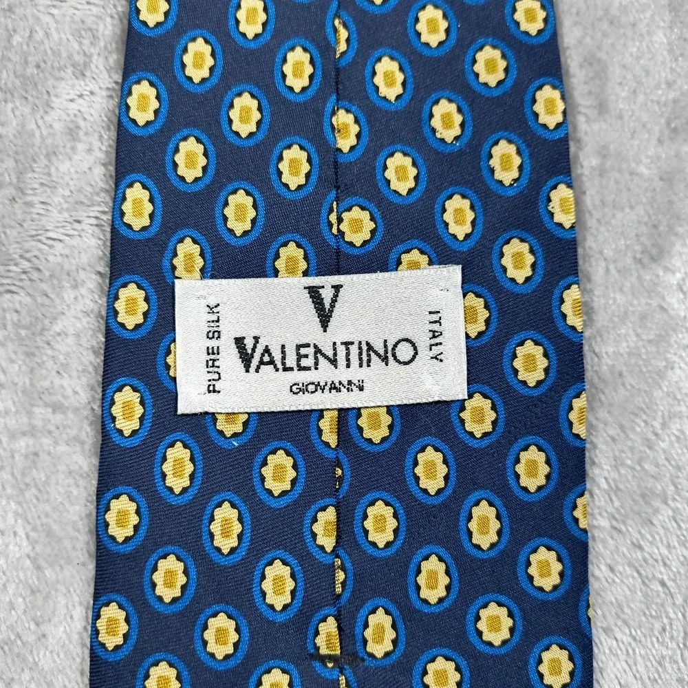 Vintage Valentino Tie Mens 57x3.75 Blue Floral Polka Dot Silk Giovanni Italy